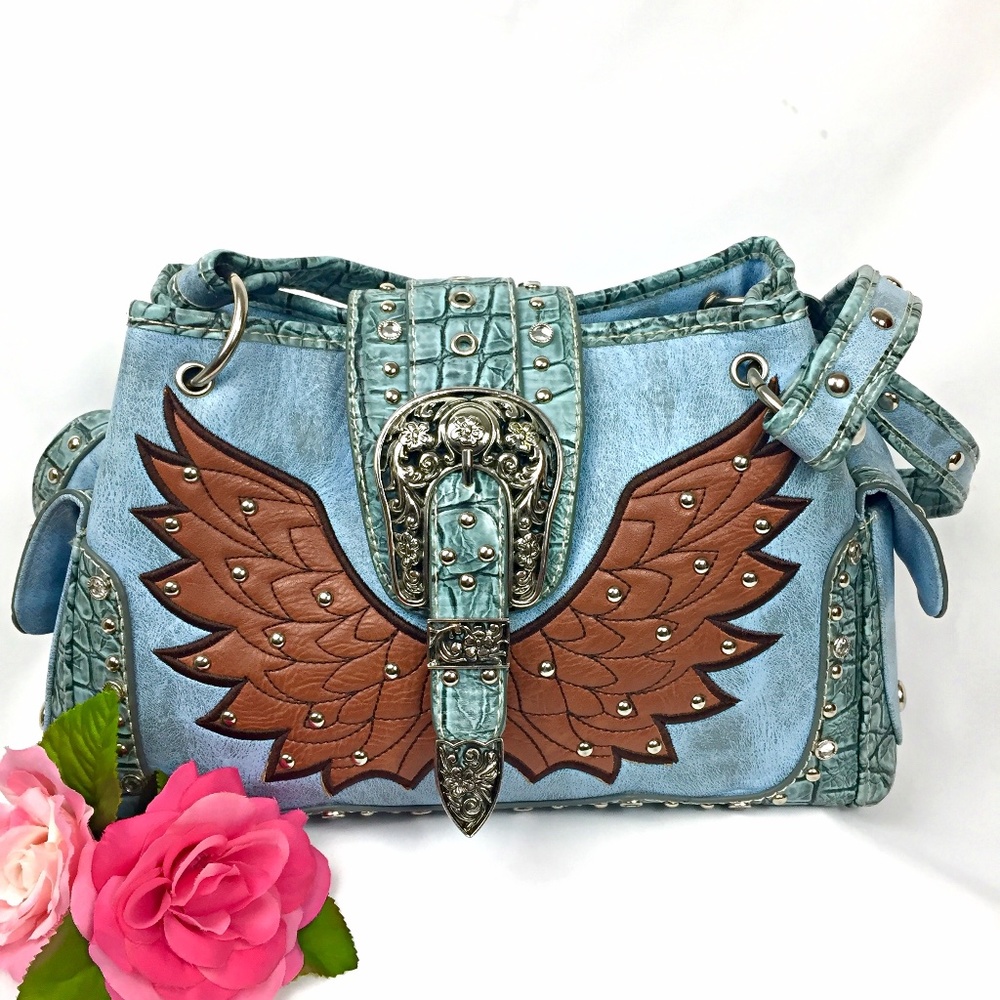 P & G Collection Croc Embossed Vegan Leather Studded Western Shoulder Bag